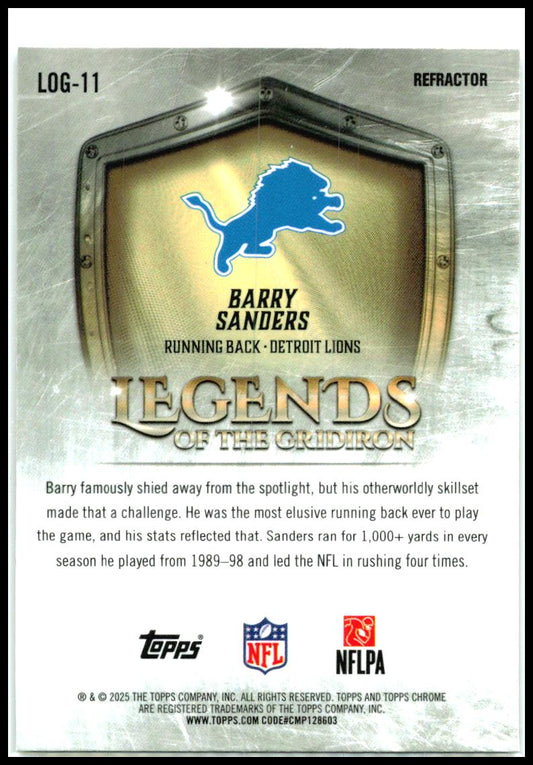 2025 Topps Chrome Legends of the Gridiron Refractor #LOG-11 Barry Sanders Lions