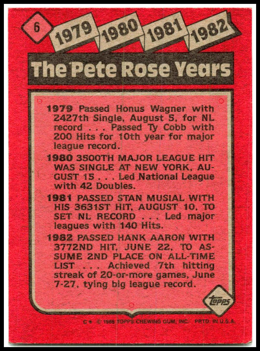 1986 Topps #6 The Pete Rose Years: 1979-1982 TPRY