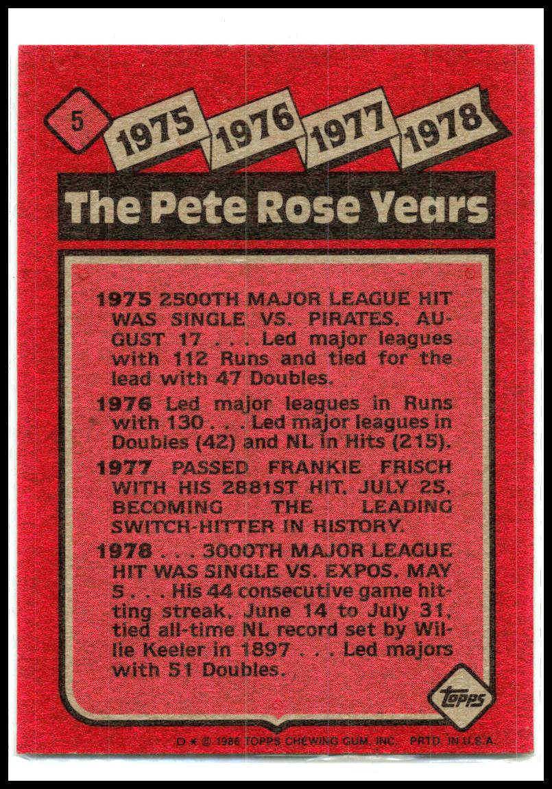 1986 Topps #5 The Pete Rose Years: 1975-1978 TPRY Cincinnati Reds