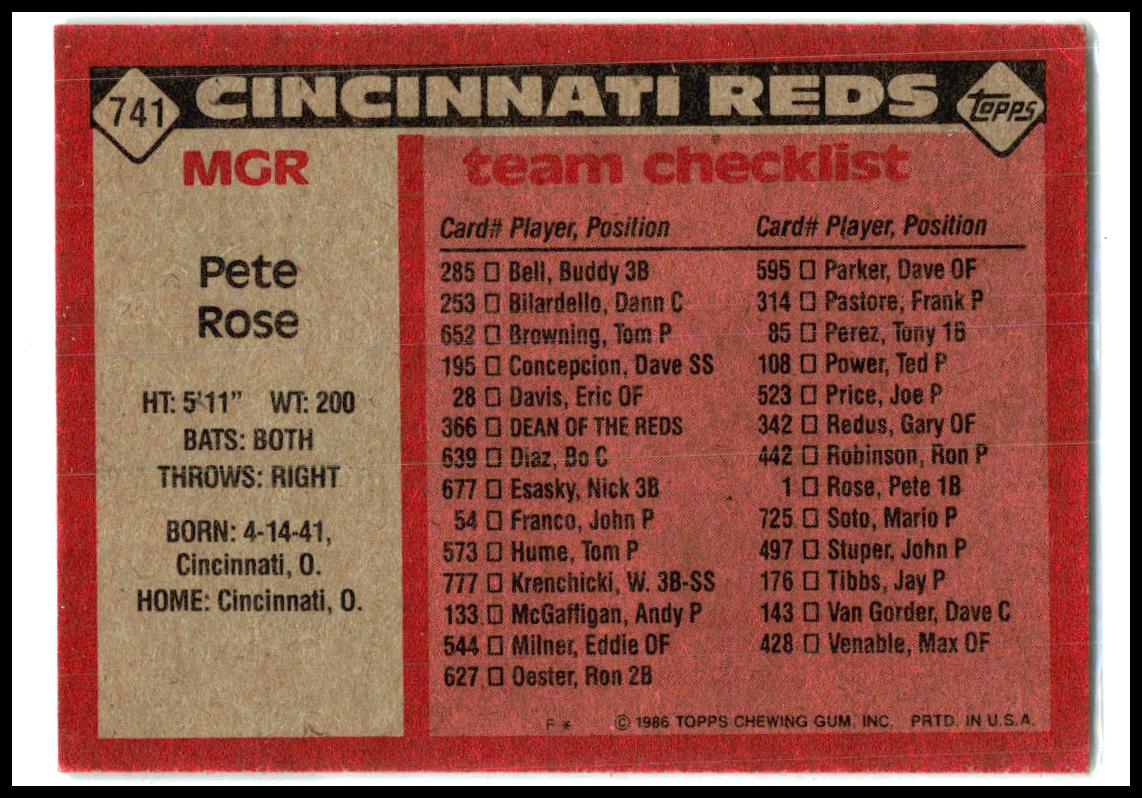 1986 Topps #741 Pete Rose Cincinnati Reds