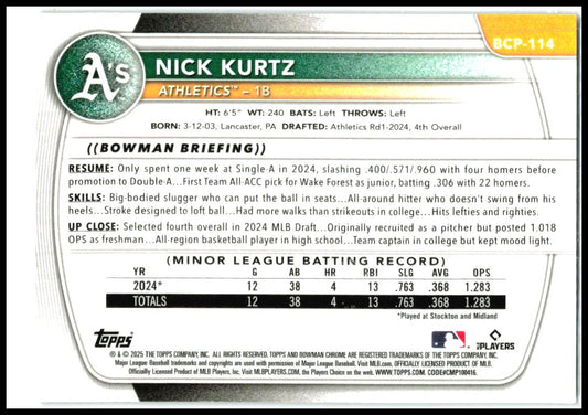 2025 Bowman Reptilian Blue Refractor #/150 #BCP-114 Nick Kurtz Athletics