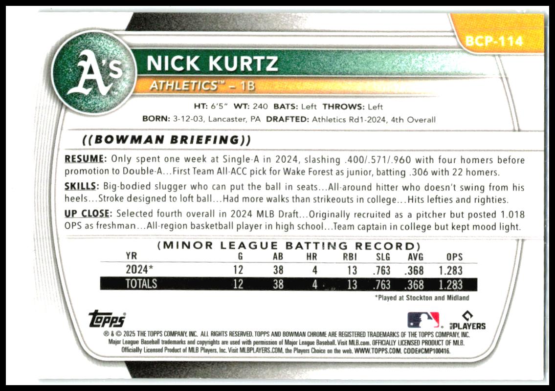 2025 Bowman Reptilian Blue Refractor #/150 #BCP-114 Nick Kurtz Athletics