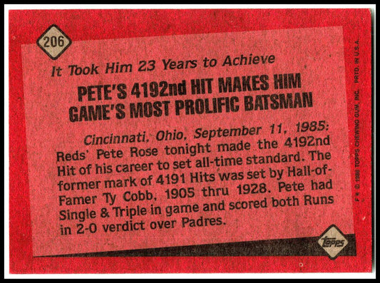 1986 Topps #206 Pete Rose Cincinnati Reds
