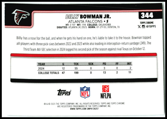 2025 Topps Chrome X-Fractor #344 Billy Bowman Jr. Rookie Atlanta Falcons