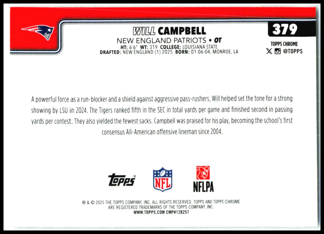 2025 Topps Chrome X-Fractor #379 Will Campbell Rookie New England Patriots