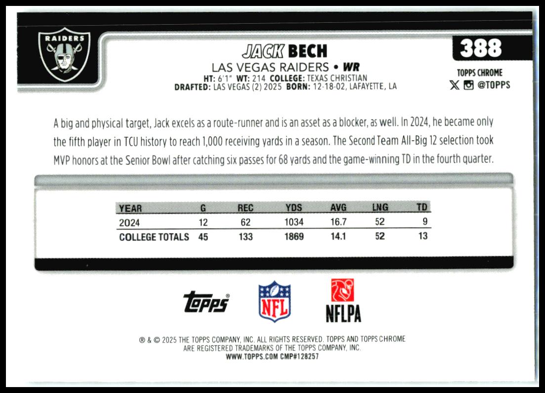 2025 Topps Chrome X-Fractor #388 Jack Bech Rookie Las Vegas Raiders