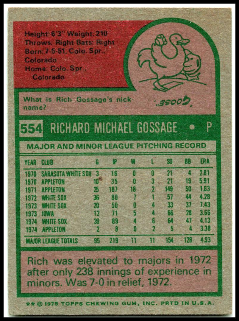 1975 Topps #554 Rich Gossage Chicago White Sox