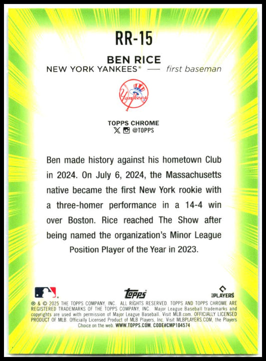 2025 Topps Chrome Radiating Rookies #RR-15 Ben Rice New York Yankees