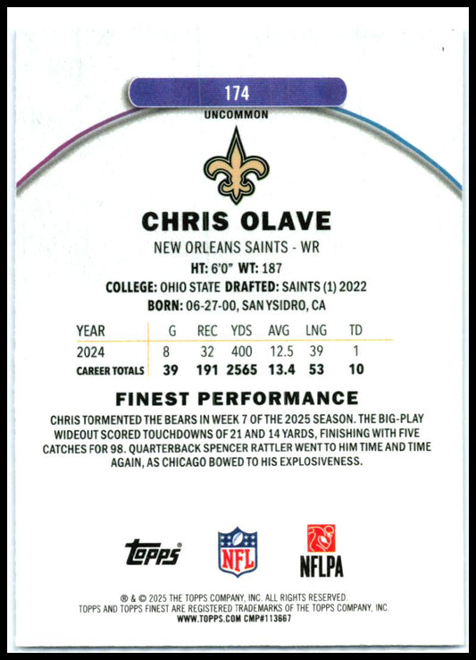 2025 Finest Blue Refractor #174 Chris Olave #/150 New Orleans Saints