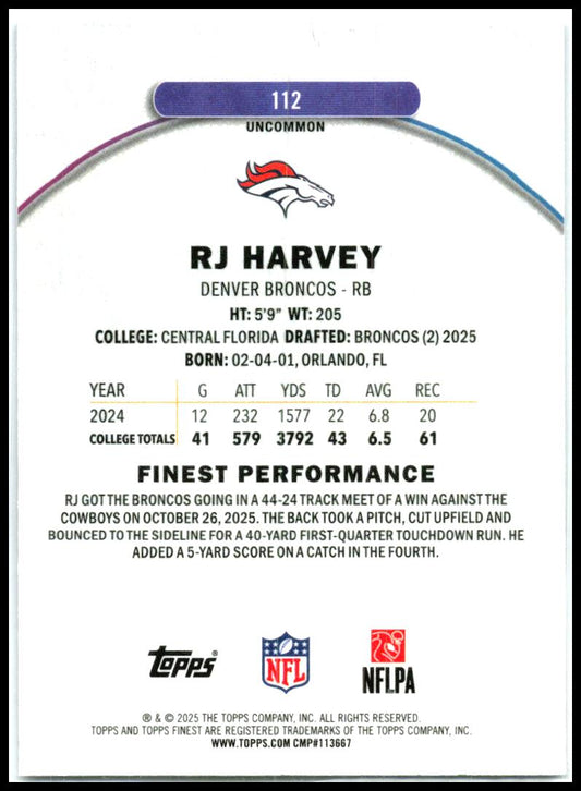 2025 Finest Purple Refractor #112 RJ Harvey Rookie #/200 Denver Broncos