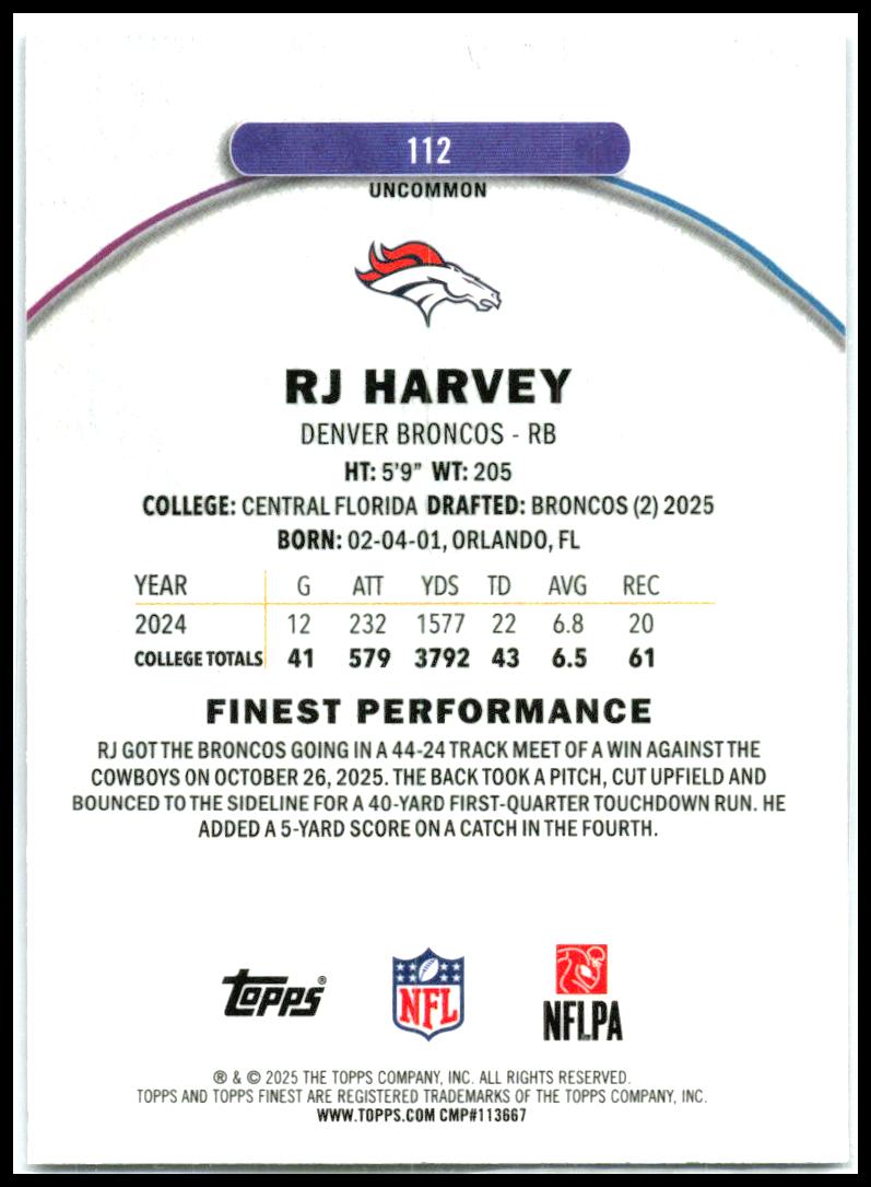 2025 Finest Purple Refractor #112 RJ Harvey Rookie #/200 Denver Broncos