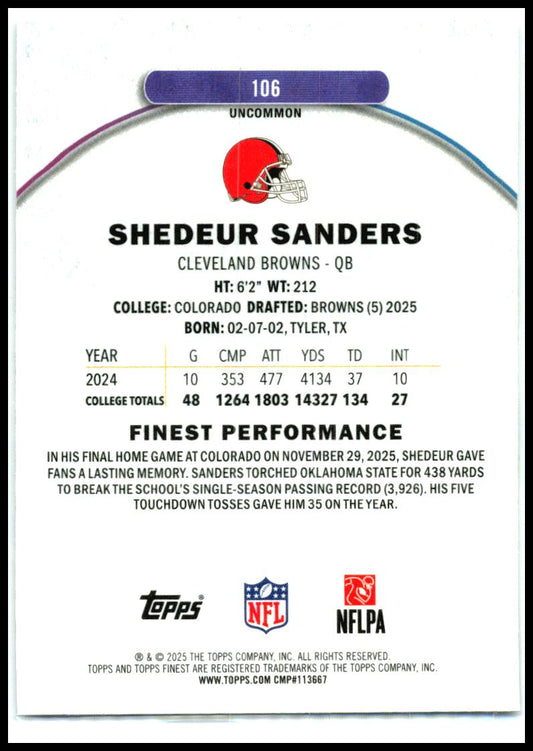 2025 Finest #106 Shedeur Sanders Rookie Cleveland Browns