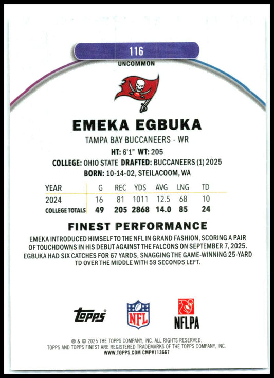 2025 Finest #116 Emeka Egbuka Rookie Tampa Bay Buccaneers