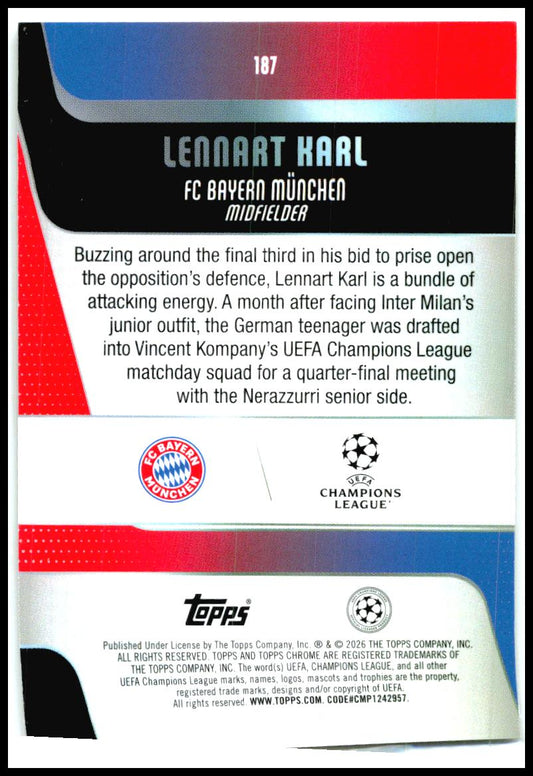 2025-26 Topps Chrome UEFA Club #187 Lennart Karl Rookie FC Bayern Munchen