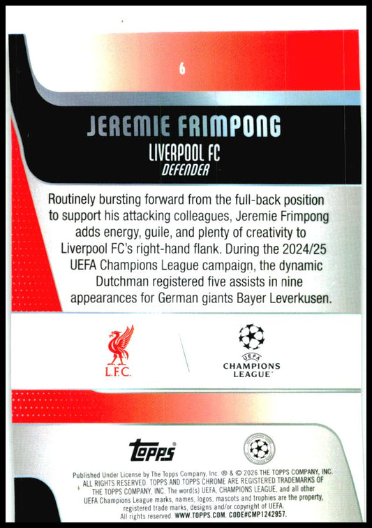 2025-26 Topps Chrome UEFA Club Prism #6 Jeremie Frimpong Liverpool