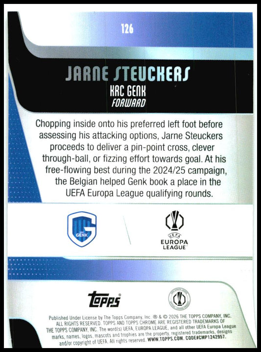 2025-26 Topps Chrome UEFA Club Prism #126 Jarne Steuckers Rookie Genk