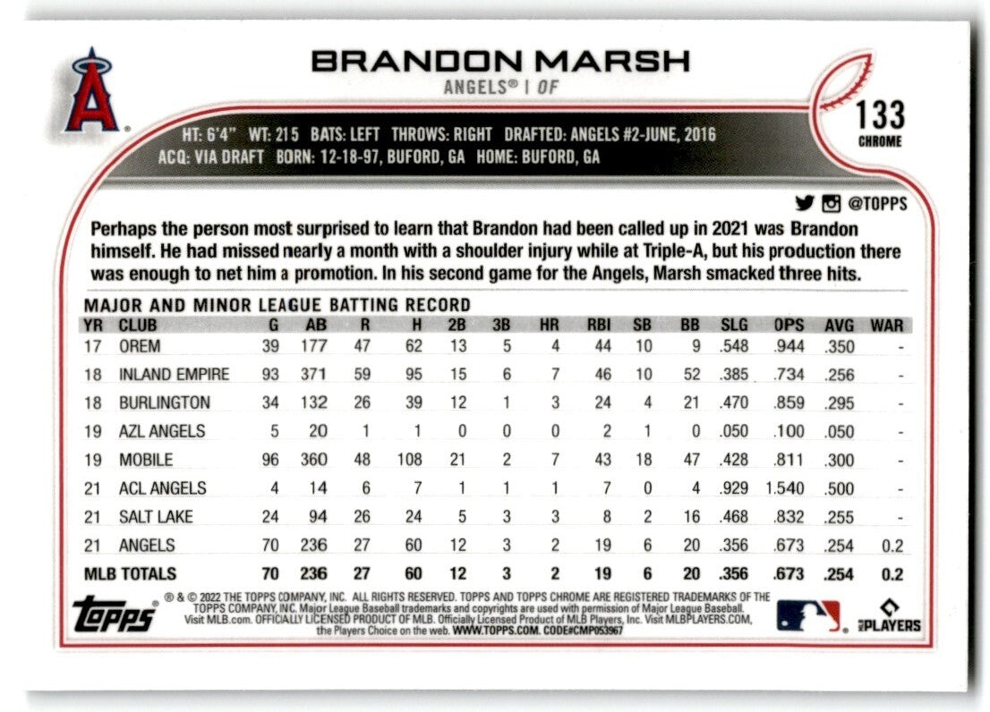 2022 Topps Chrome Prism Refractor Brandon Marsh Rookie Los Angeles Angels #133