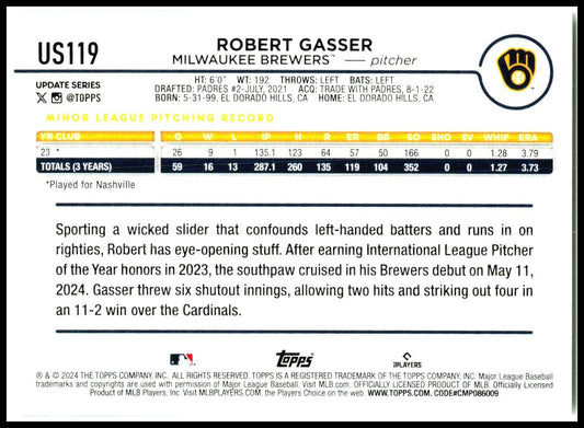 2024 Topps Update #US119 Robert Gasser Rookie Milwaukee Brewers