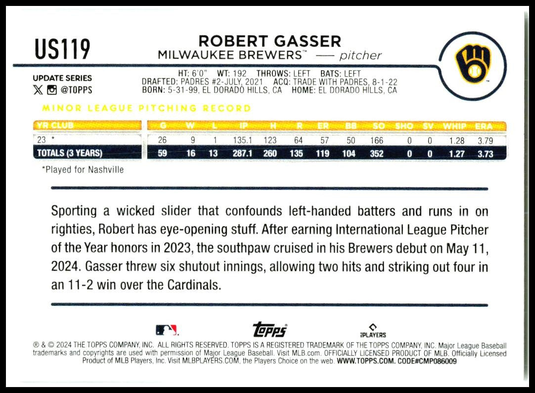 2024 Topps Update #US119 Robert Gasser Rookie Milwaukee Brewers