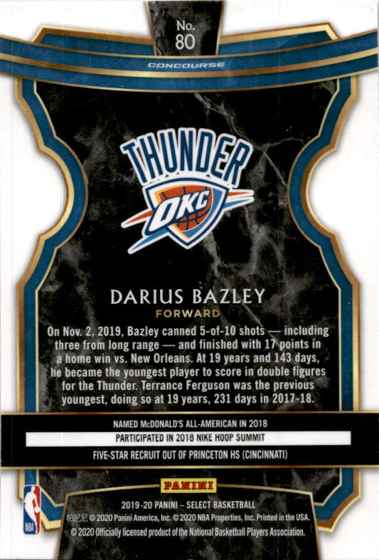 2019-20 Panini Select #80 Darius Bazley Rookie Oklahoma City Thunder