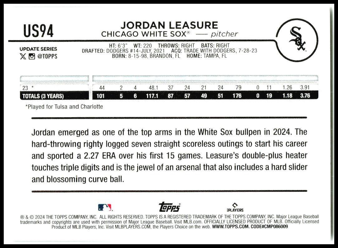 2024 Topps Update #US94 Jordan Leasure Rookie Chicago White Sox