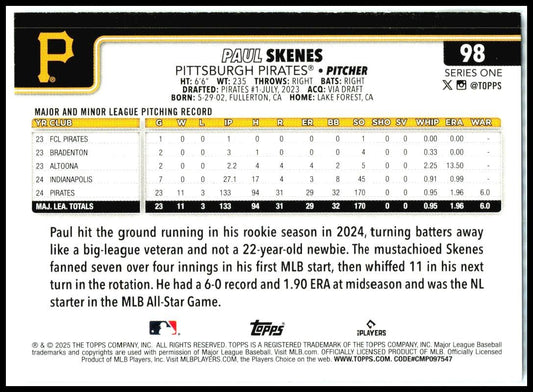 2025 Topps #98 Paul Skenes Pittsburgh Pirates