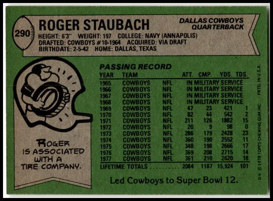 1978 Topps #290 Roger Staubach Dallas Cowboys