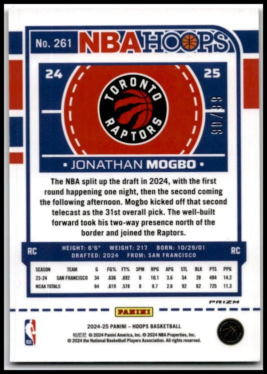 2024-25 Hoops Lazer Red Prizms Premium /99 #24 Jonathan Mogbo Raptors