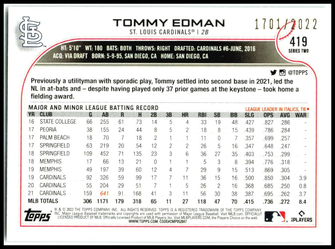 2022 Topps Gold #419 Tommy Edman #/2022 St. Louis Cardinals