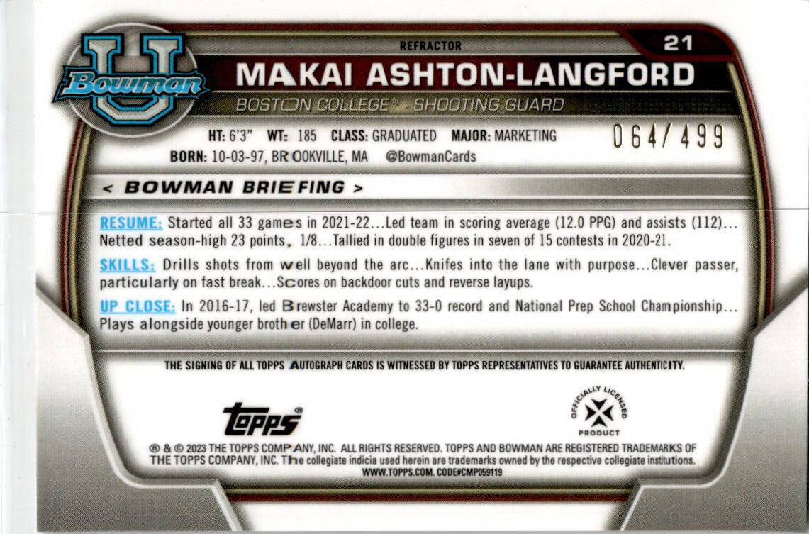 Bowman Chrome University Refractor #21 Makai Ashton-Langford Auto BC /499
