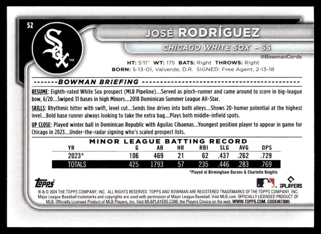 2024 Bowman #52 Jose Rodriguez RC Chicago White Sox