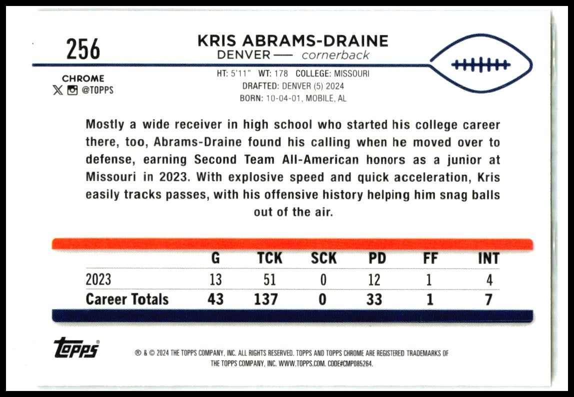 2024 Topps Chrome Prism Refractor #256 Kris Abrams-Draine Rookie Denver Broncos