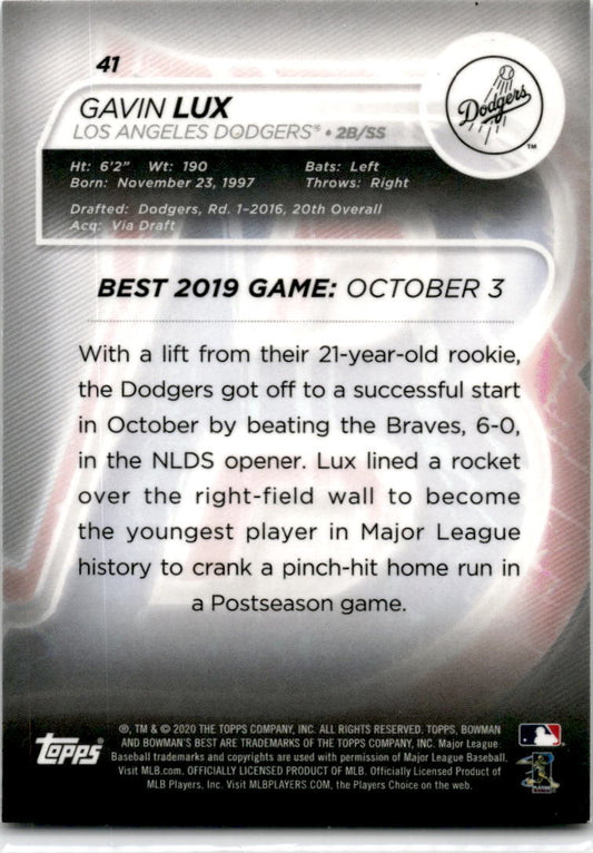 2020 Bowman's Best #41 Gavin Lux Rookie Los Angeles Dodgers