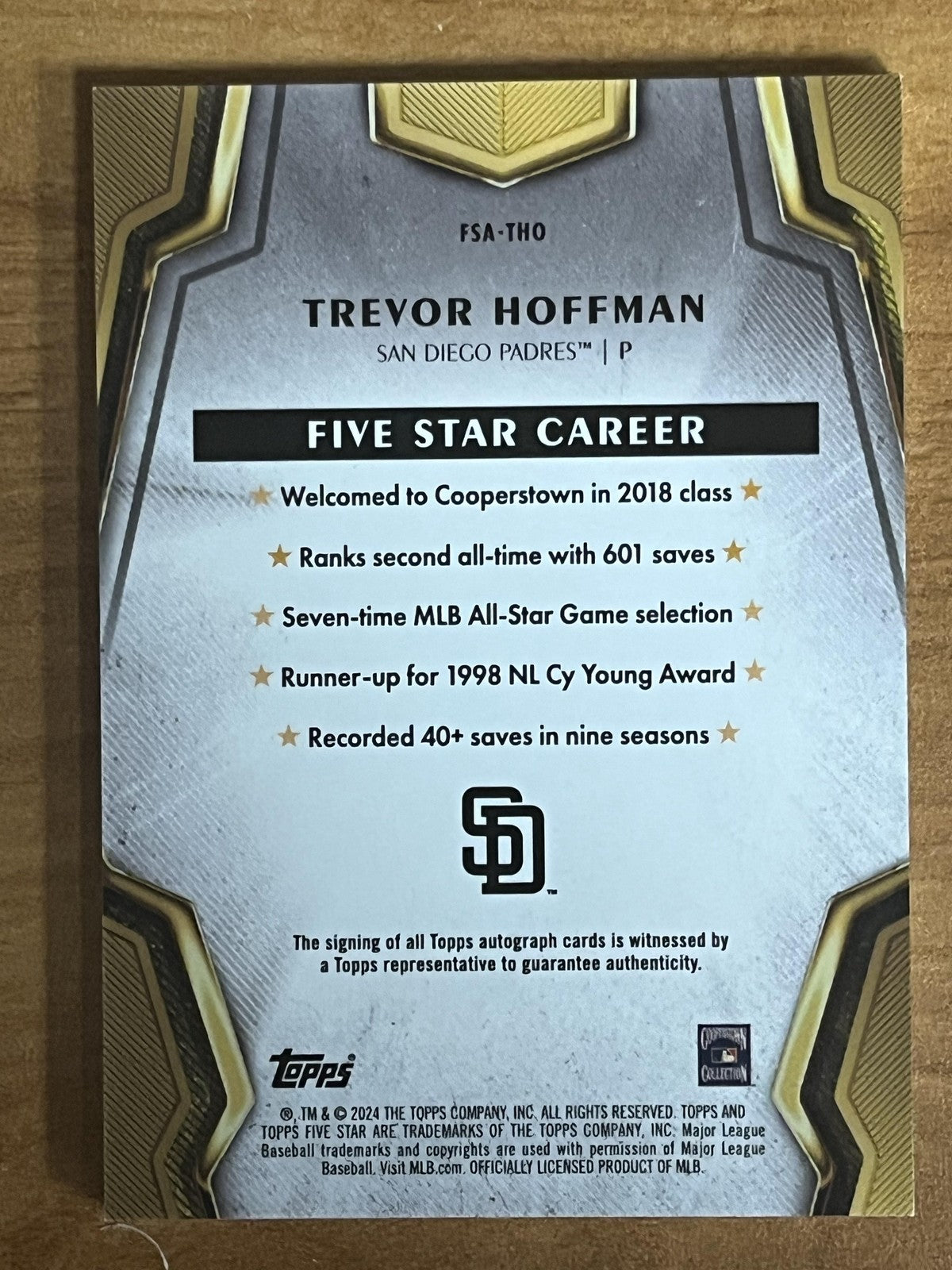 2024 Topps Five Star Orange Auto #/5 #FSA-THO Trevor Hoffman Auto Padres