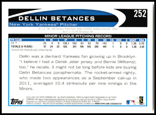 2012 Topps #252 Dellin Betances Rookie New York Yankees