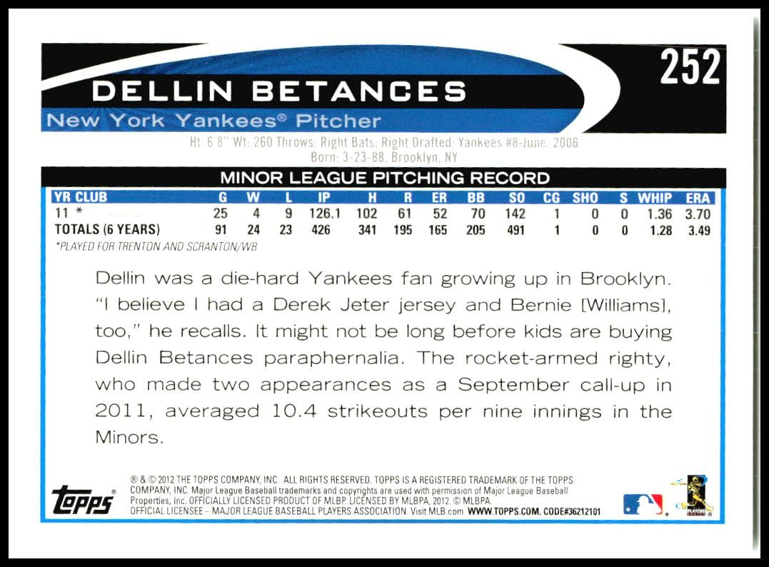 2012 Topps #252 Dellin Betances Rookie New York Yankees