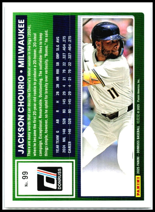 2025 Donruss Holo Purple #99 Jackson Chourio #/99 Milwaukee Brewers