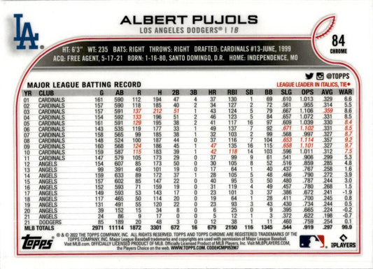 2022 Topps Chrome #84 Albert Pujols Los Angeles Dodgers