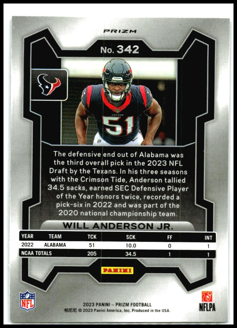 2023 Panini Prizm Black and Red Checker #342 Will Anderson Jr. Houston Texans