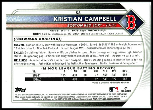 2025 Bowman Chrome Red RC #58 Kristian Campbell Boston Red Sox