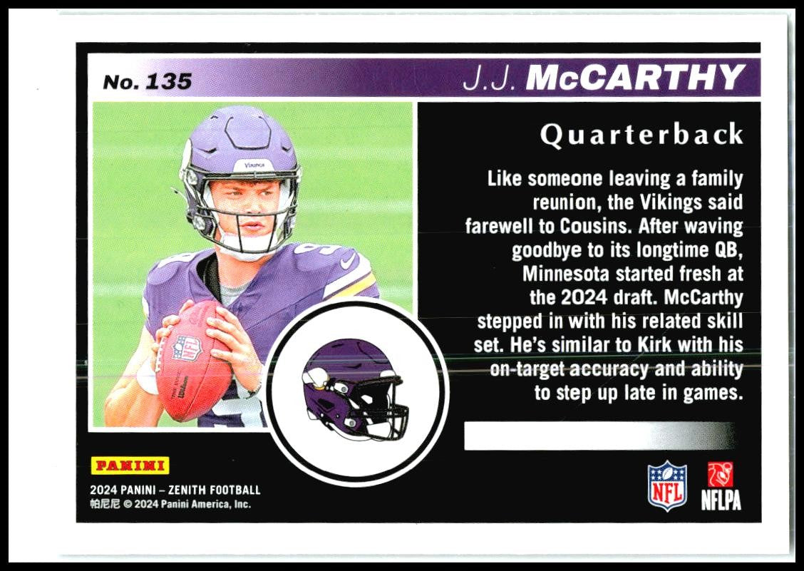 2024 Panini Zenith #135 J.J. McCarthy Rookie Minnesota Vikings