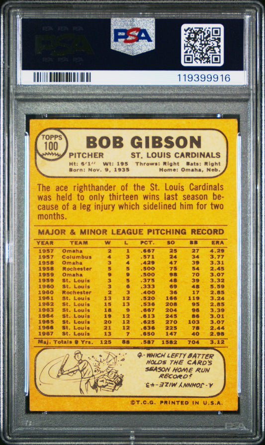 1968 Topps #100 Bob Gibson St. Louis Cardinals PSA 4