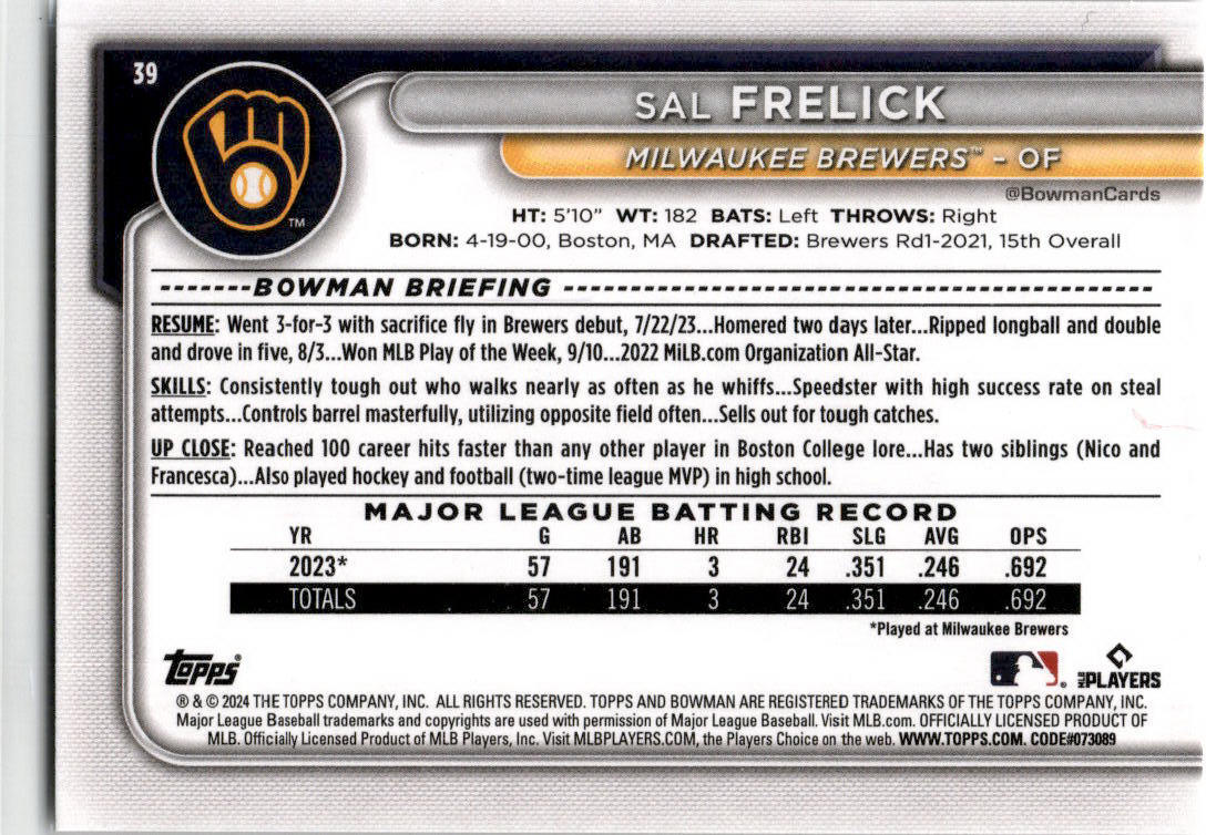 2024 Bowman #39 Sal Frelick Rookie Milwaukee Brewers