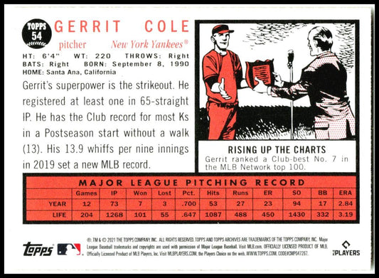 2021 Topps Archives #54 Gerrit Cole New York Yankees