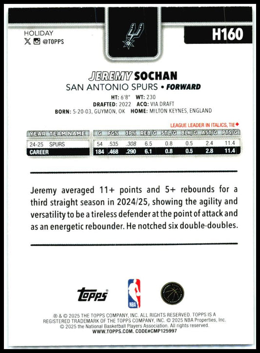 2025-26 Topps Holiday Glitter Holiday #H160 Jeremy Sochan San Antonio Spurs