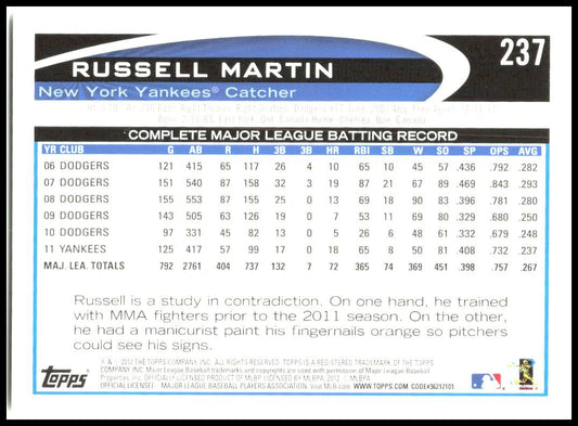 2012 Topps #237 Russell Martin New York Yankees