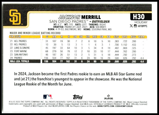 2025 Topps Holiday Gold Holiday Lights #H30 Jackson Merrill San Diego Padres