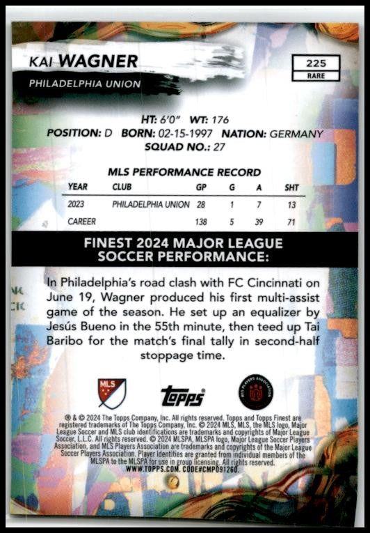 2024 Finest MLS Neon Green Refractor #225 Kai Wagner #/75 Philadelphia Union