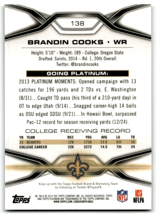 2014 Topps Platinum X-Fractor Brandin Cooks Rookie New Orleans Saints #138