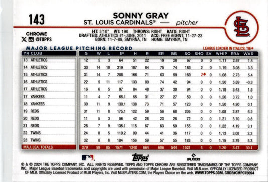 2024 Topps Chrome Prism Refractors #143 Sonny Gray St. Louis Cardinals